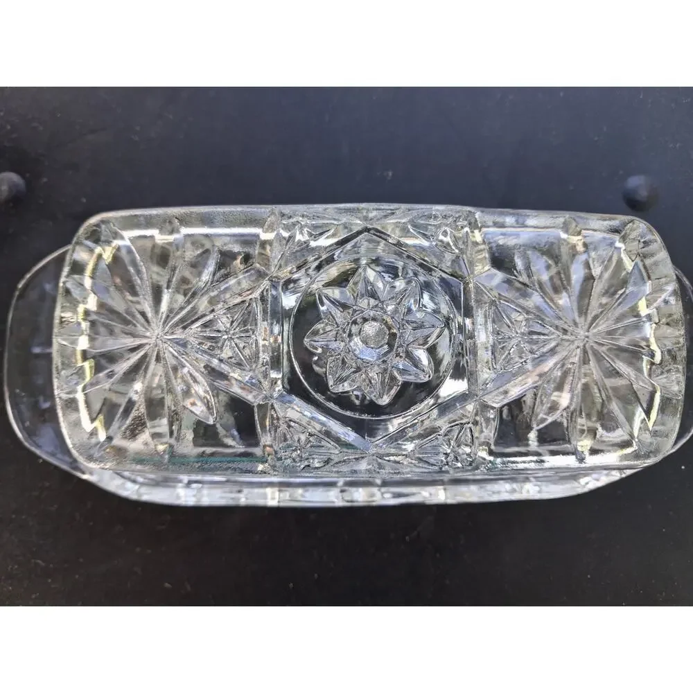 Anchor Hocking Star Of David American Prescut Glass Covered Butter Dish